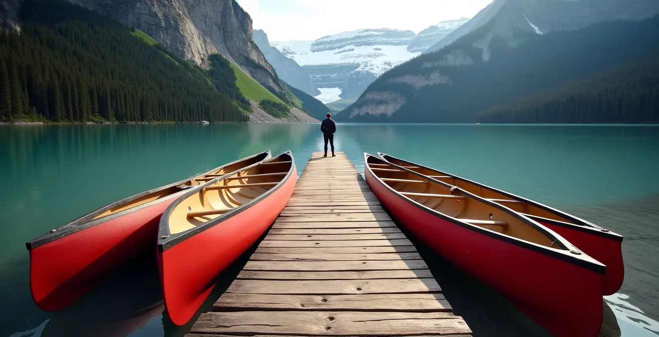 A wooden canoe dock extending into the tranquil turquoise waters of Lake Louise, with mountain reflections.