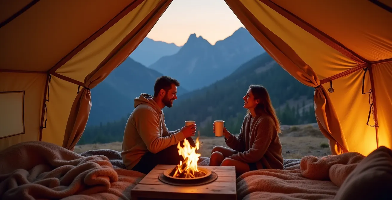Cozy glamping tent interior with warm fireplace glow overlooking Alberta mountains at dusk