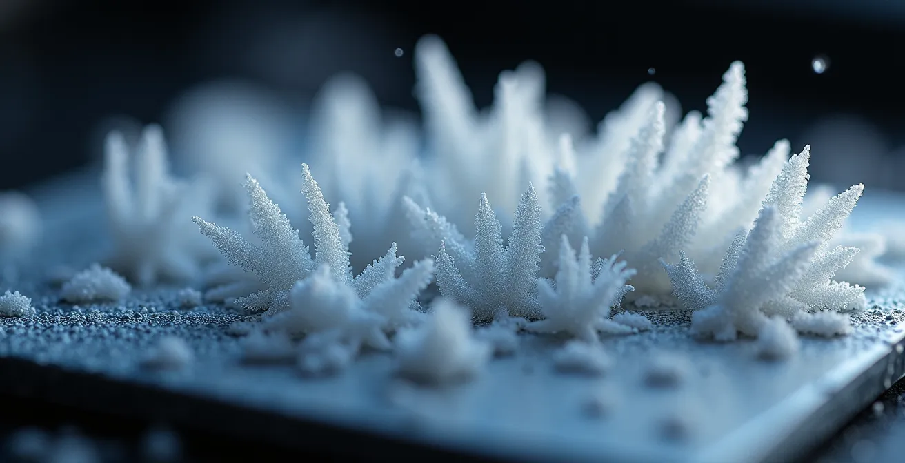 Extreme close-up of camera sensor with frost crystals in sub-zero conditions