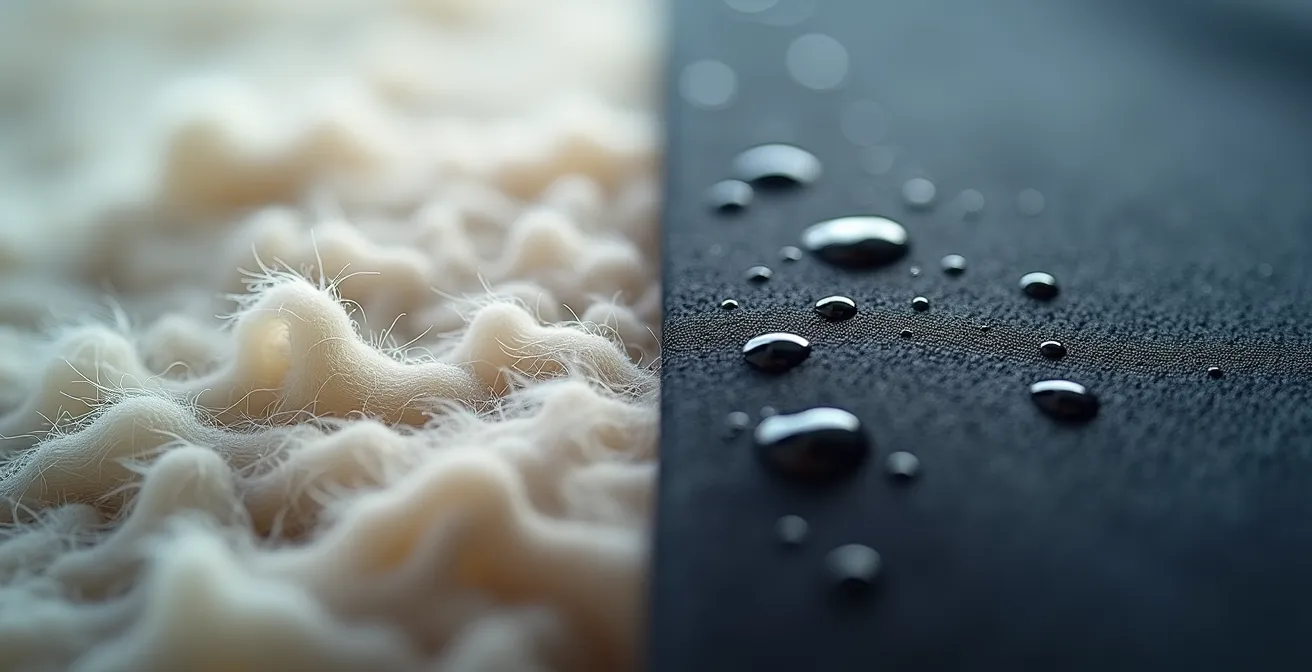 Close-up comparison of merino wool and synthetic fabric textures showing water beading on the smooth synthetic and being absorbed by the natural wool