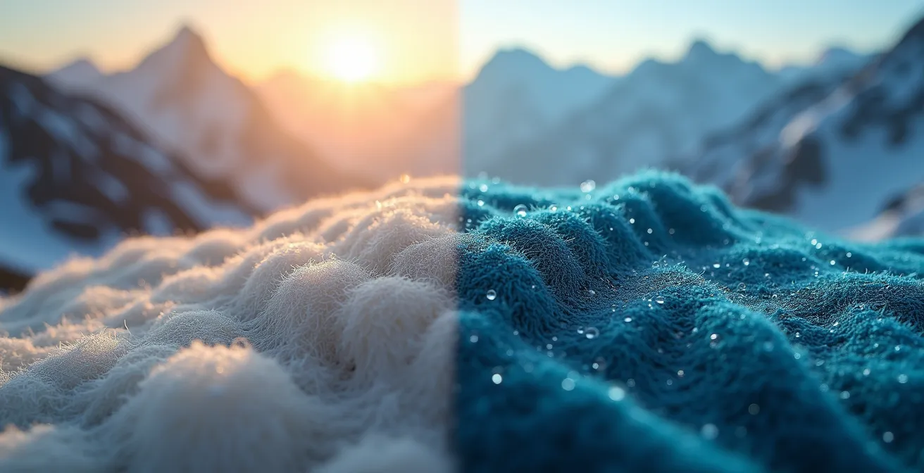 Close-up macro shot of merino wool and synthetic fabric textures side by side with water droplets