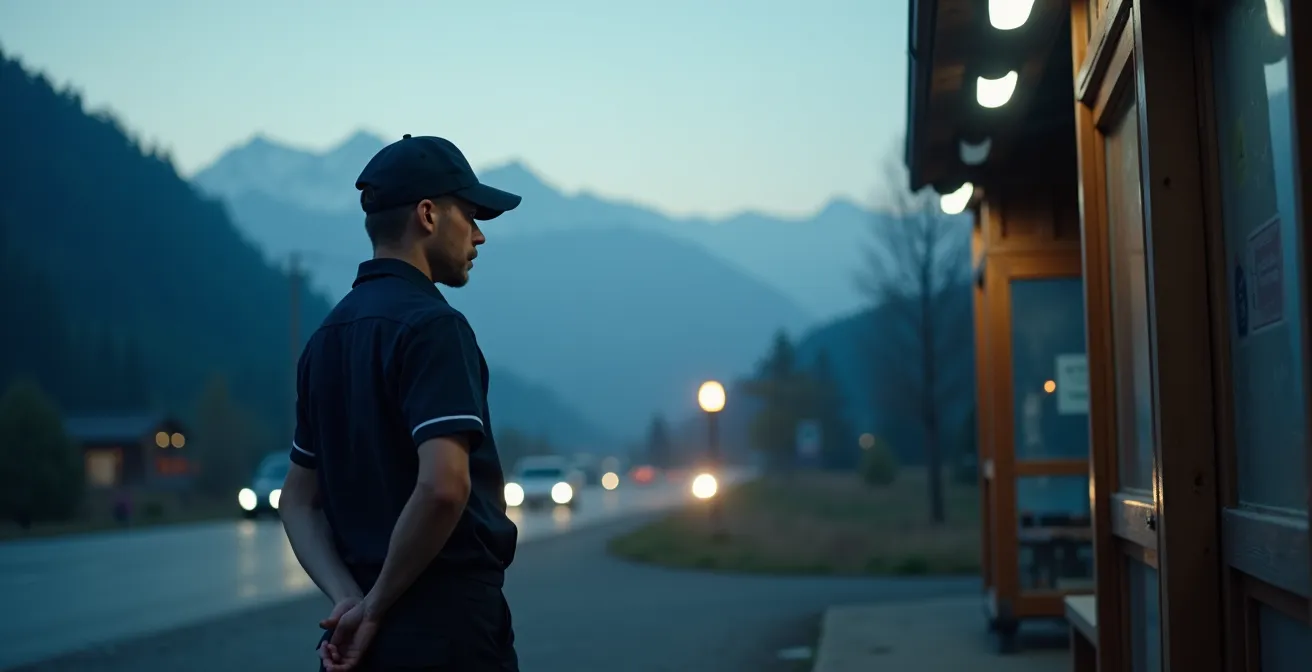 Worker waiting at a bus stop in early morning mountain light with peaks in background