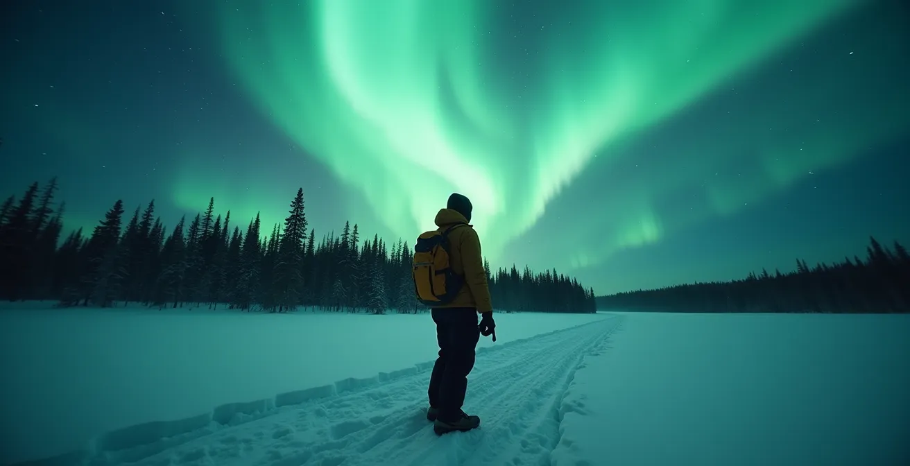 Silhouette of photographer in full winter gear under northern lights