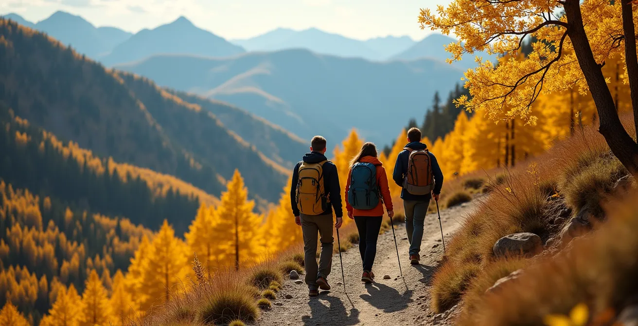 Hikers on Pocaterra Ridge trail surrounded by golden larch trees with mountain vista