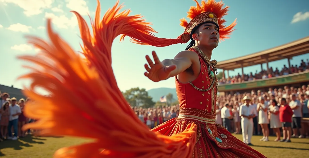 Fancy dancer in mid-spin with colorful regalia creating motion blur against prairie sky