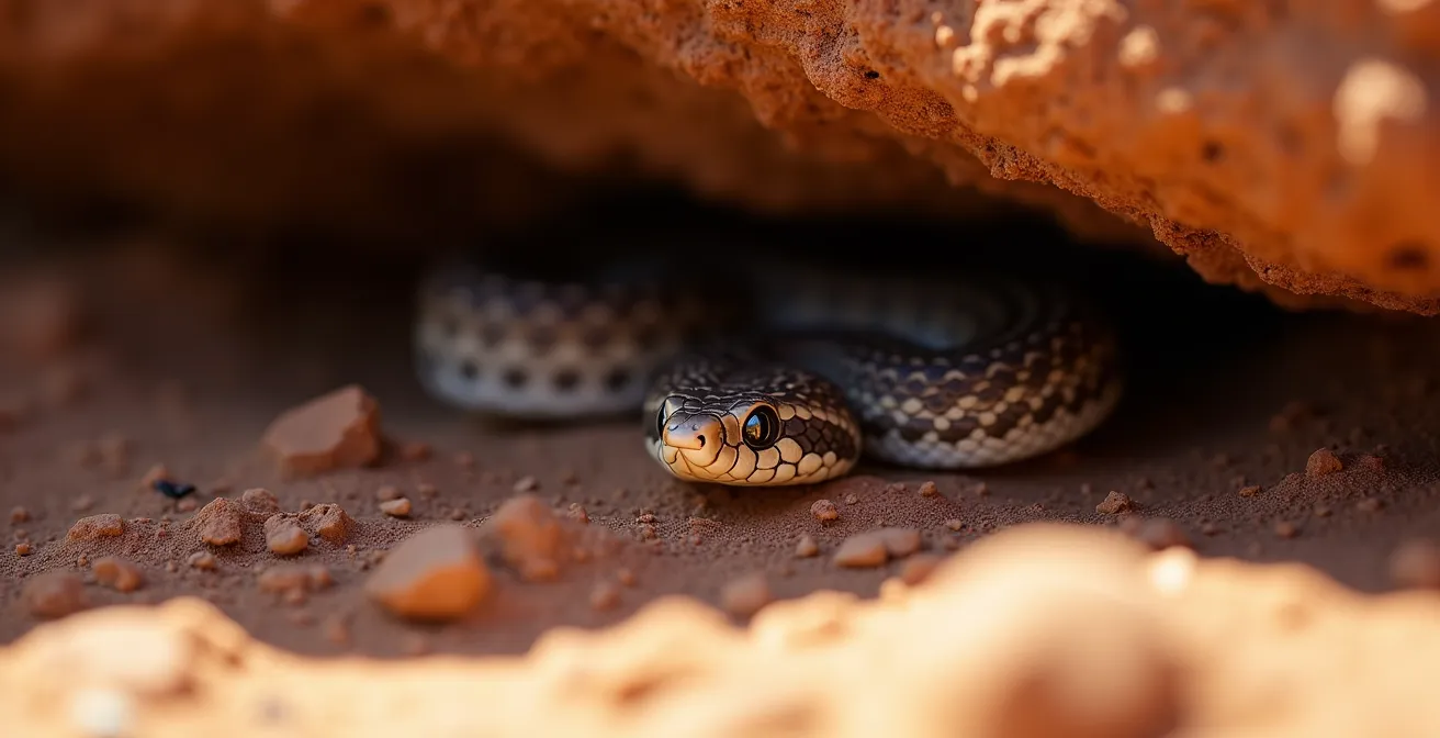 Close-up of prairie rattlesnake coiled under shaded rock overhang in badlands terrain