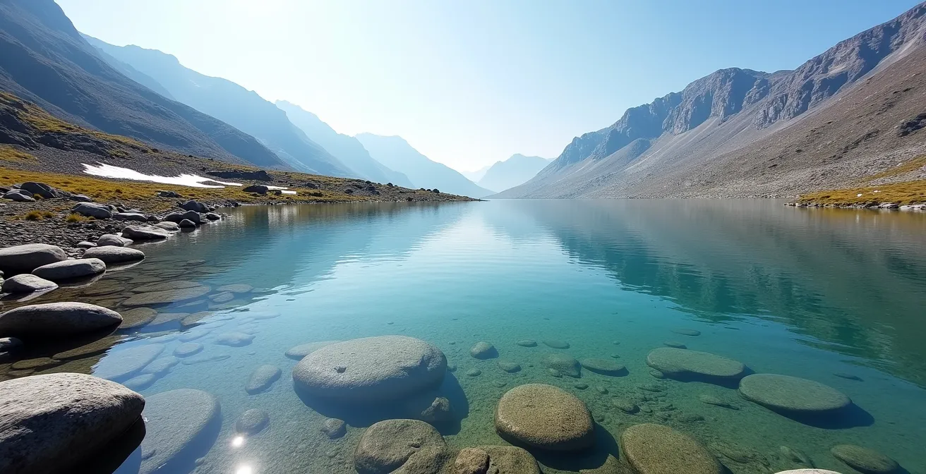 Crystal clear alpine lake with surrounding rocky shores and mountain reflections