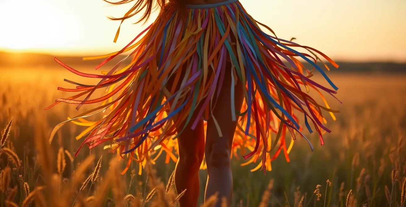 Traditional ribbon skirt swaying in prairie wind at sunset