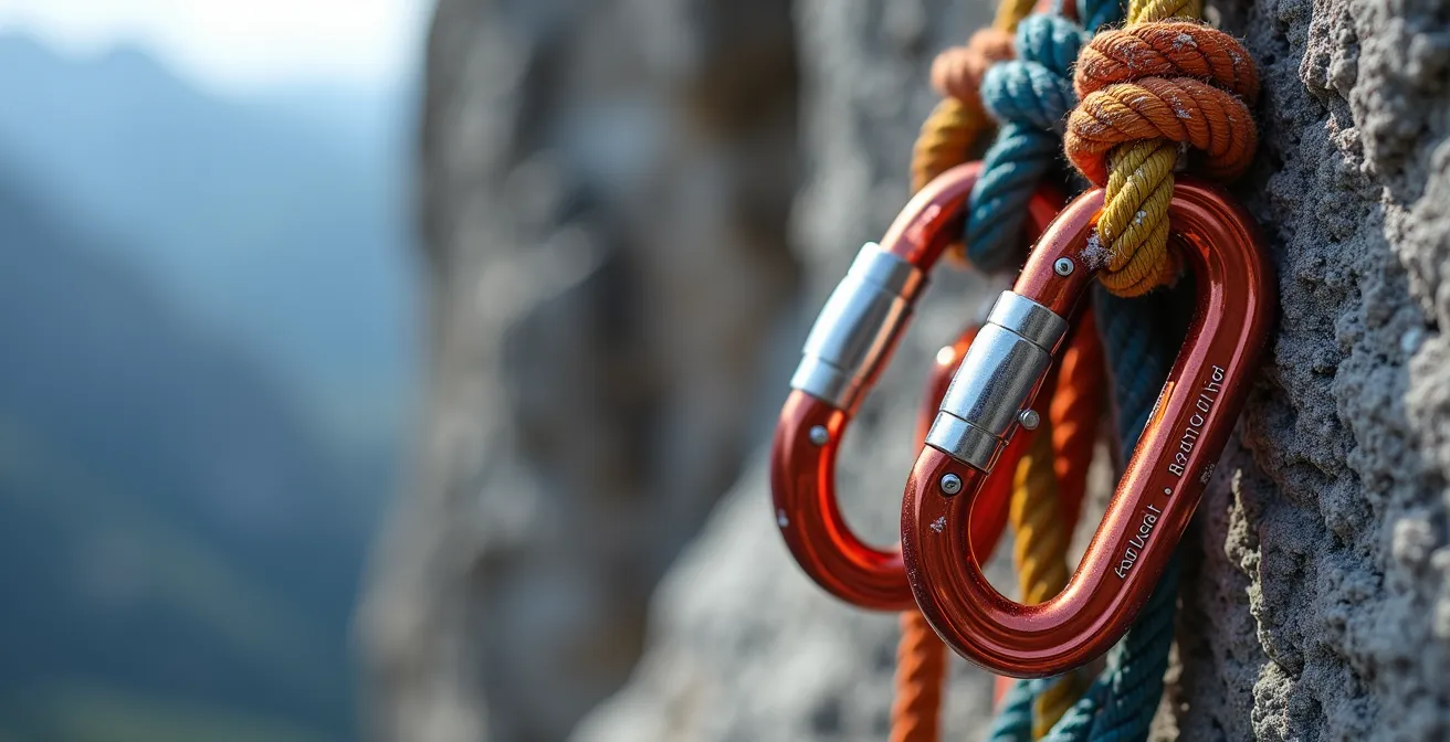 Close-up of climbing gear on natural rock face in Alberta mountains