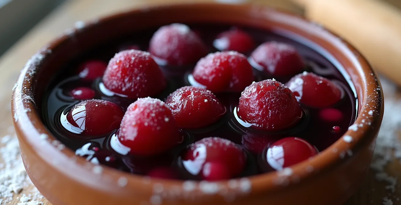 Close-up of thickened Saskatoon berry pie filling with tapioca pearls visible