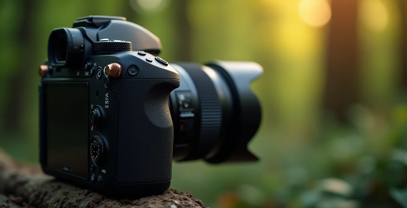 Modern camera with long telephoto lens positioned for ethical wildlife photography