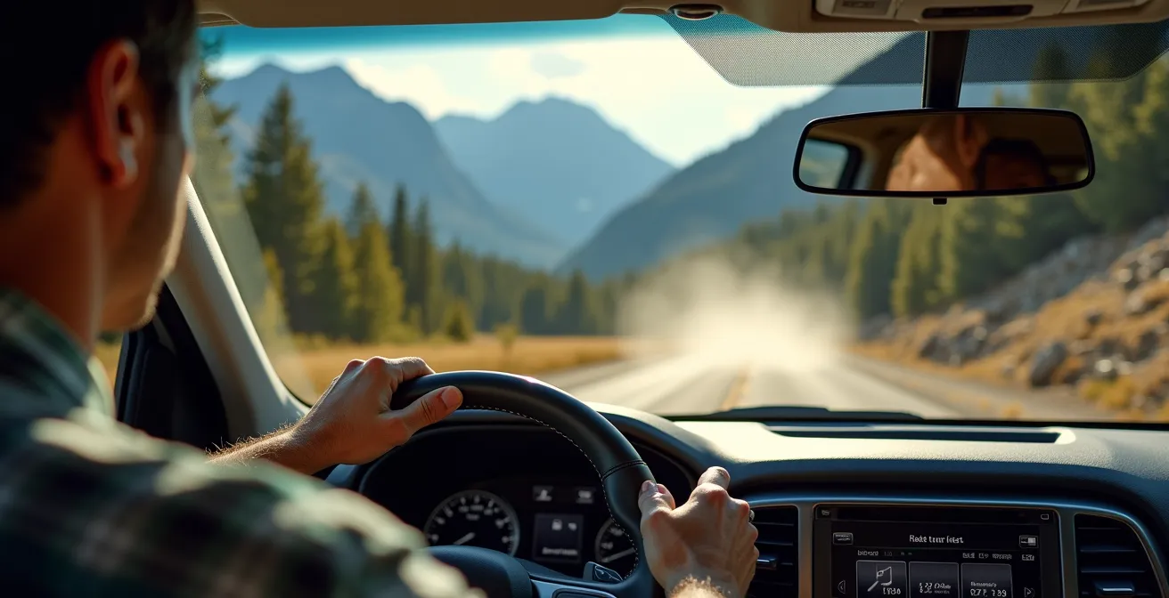 SUV driving on gravel mountain road in Kananaskis Country with dramatic rocky peaks
