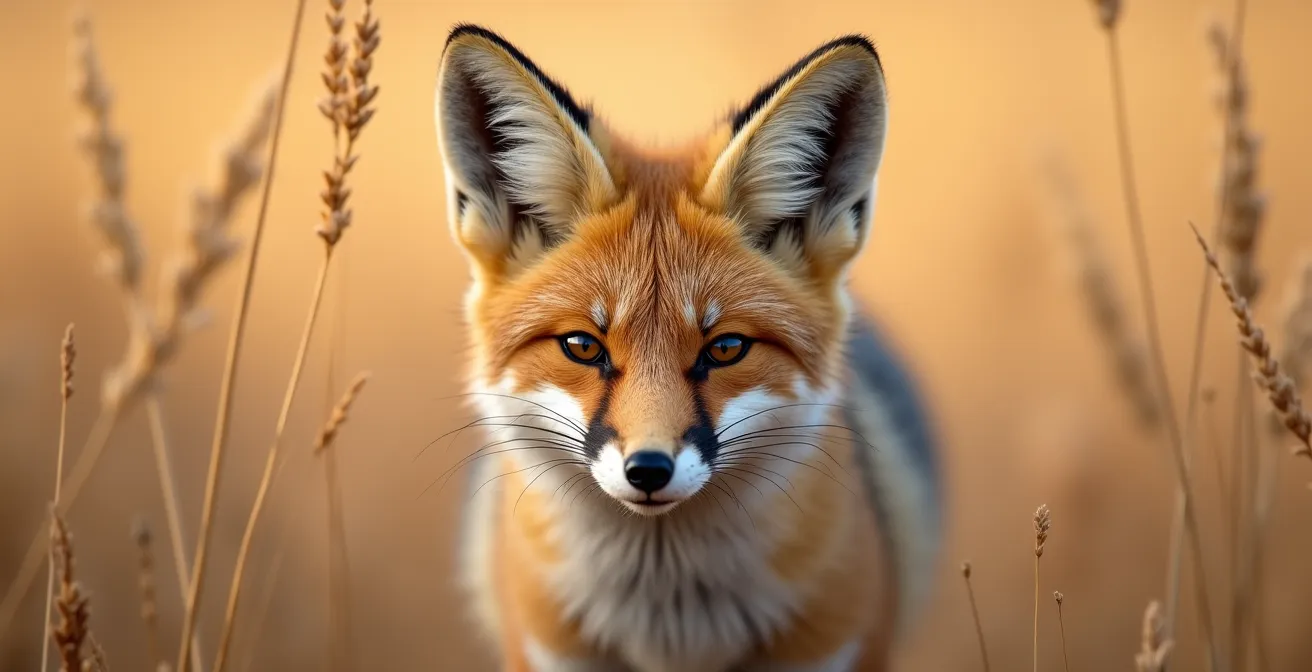 Swift fox in natural Alberta prairie habitat at golden hour