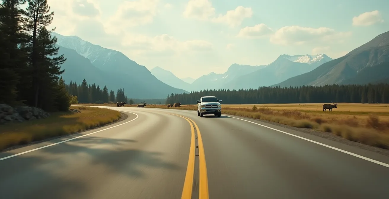 Safe pullout area with designated parking for wildlife viewing along Bow Valley Parkway