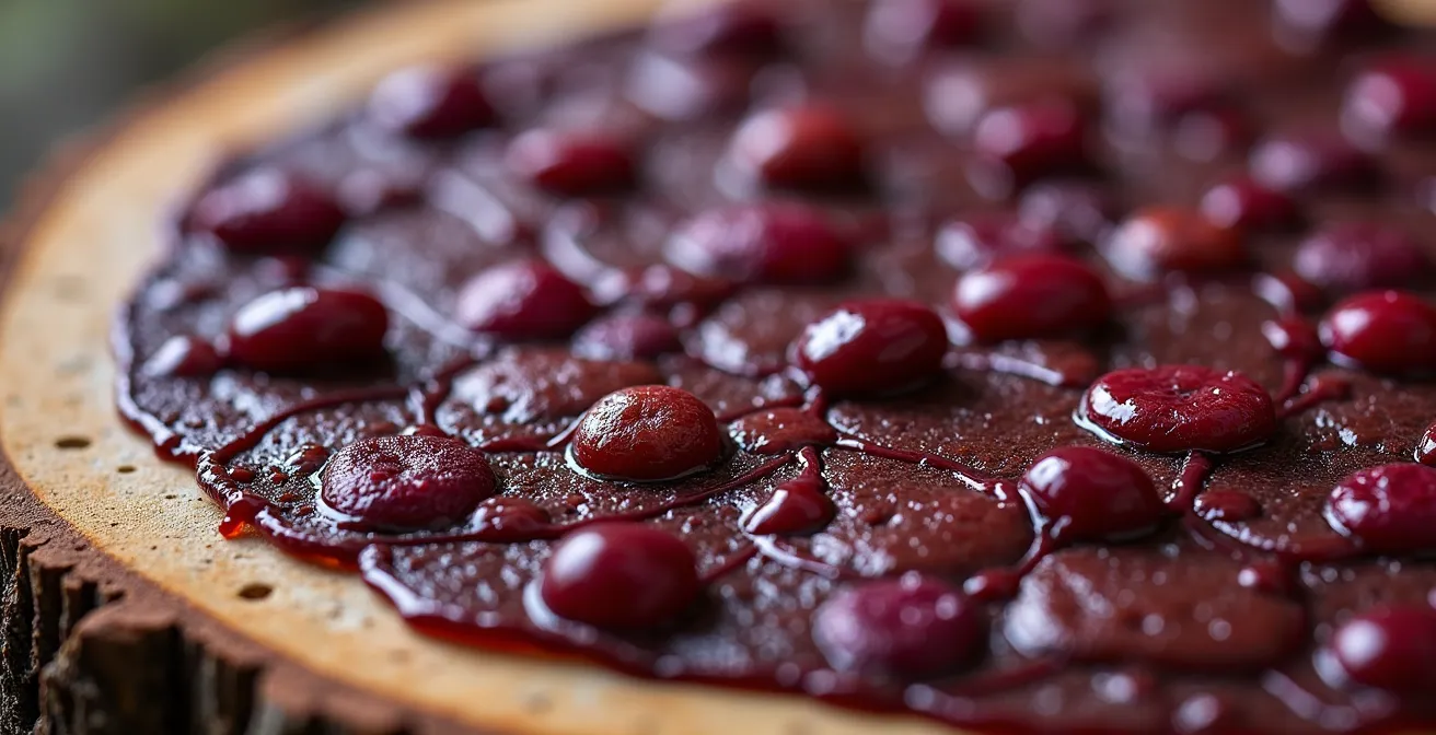Close-up macro shot of traditional pemmican showing dried bison meat mixed with purple Saskatoon berries and rendered fat