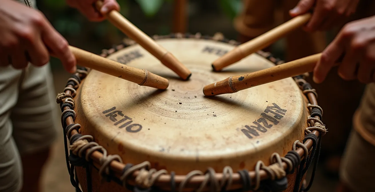 Close-up of traditional powwow drum with drumsticks and hands in motion