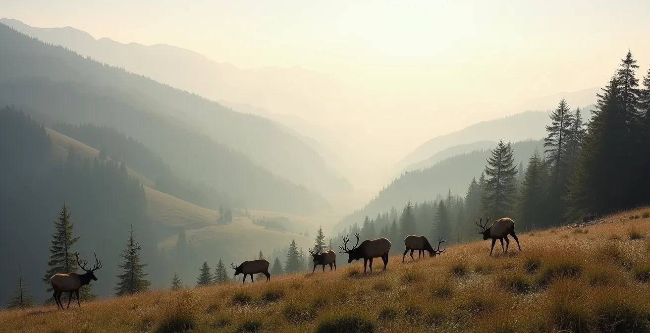 Elk herd grazing on Tunnel Mountain slopes at sunrise with mountain lodges in background