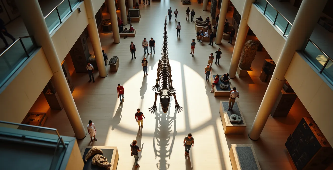 Museum floor plan showing strategic counter-clockwise visitor flow pattern avoiding crowds