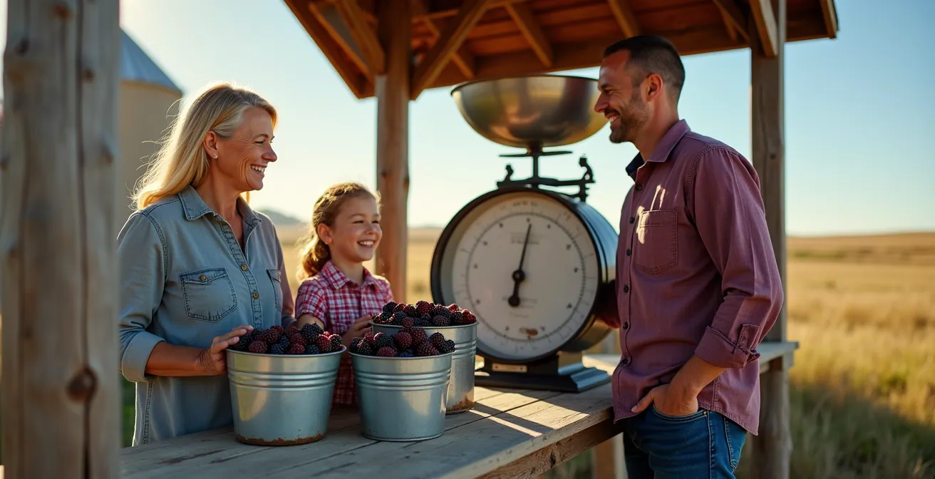 Family at U-Pick farm weighing station with filled berry buckets in Alberta