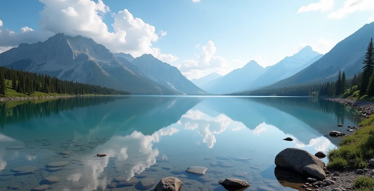 Sweeping view of Upper Kananaskis Lake with empty shoreline and dramatic mountain reflections