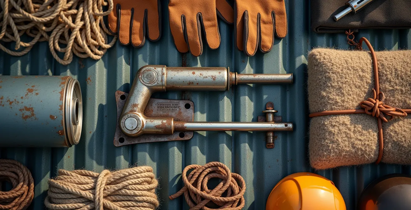 Organized emergency supplies laid out including blankets, tools, and safety equipment